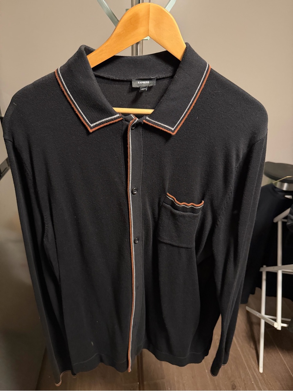 Express Men's Black Button-Down Shirt with Orange and Gray Trim